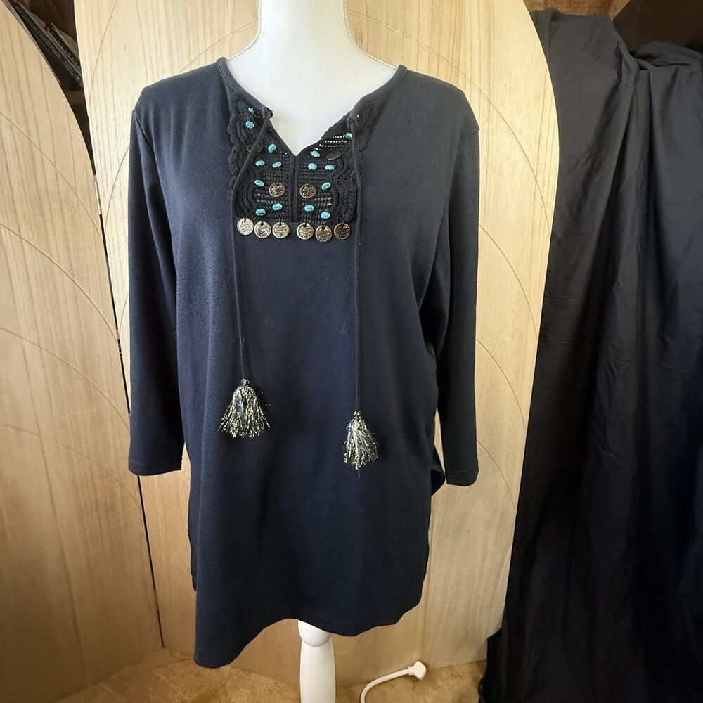 Vintage Y2K Black Crochet Coin Tassel Blouse Turquoise Beaded Boho Whimsigoth L